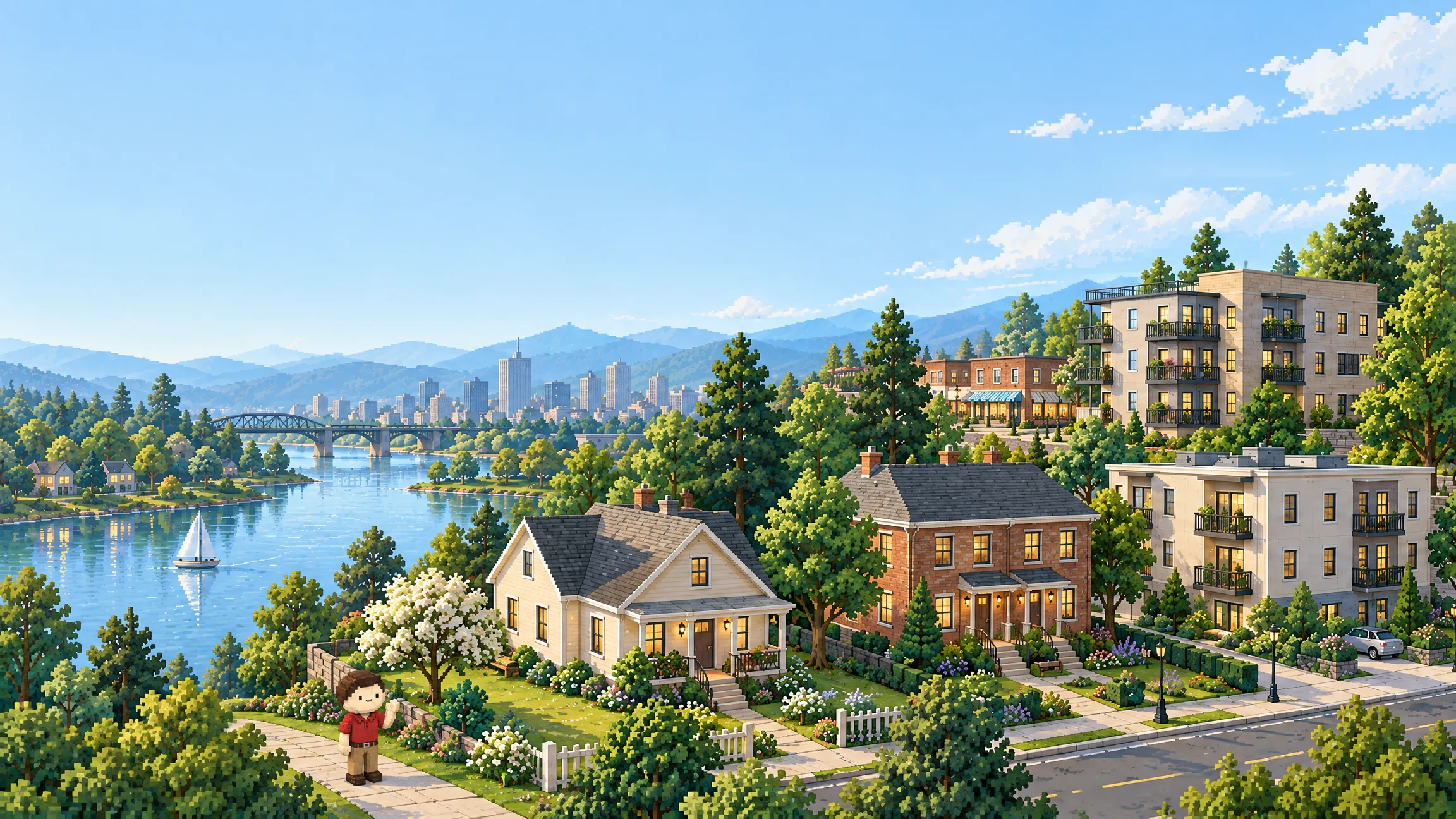 A riverside neighborhood with homes, a duplex and apartments. Ned walks the path by the river.