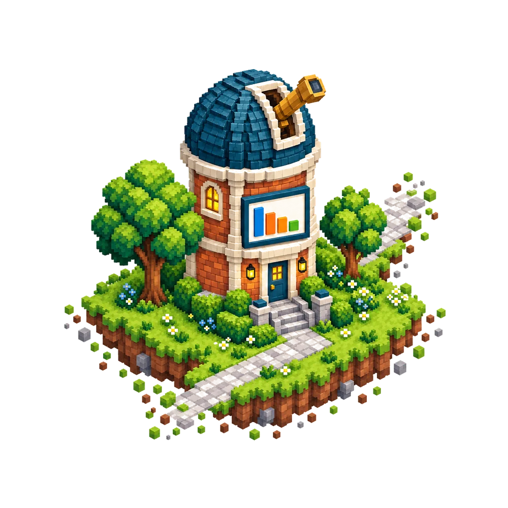 A voxel observatory with a chart on its wall