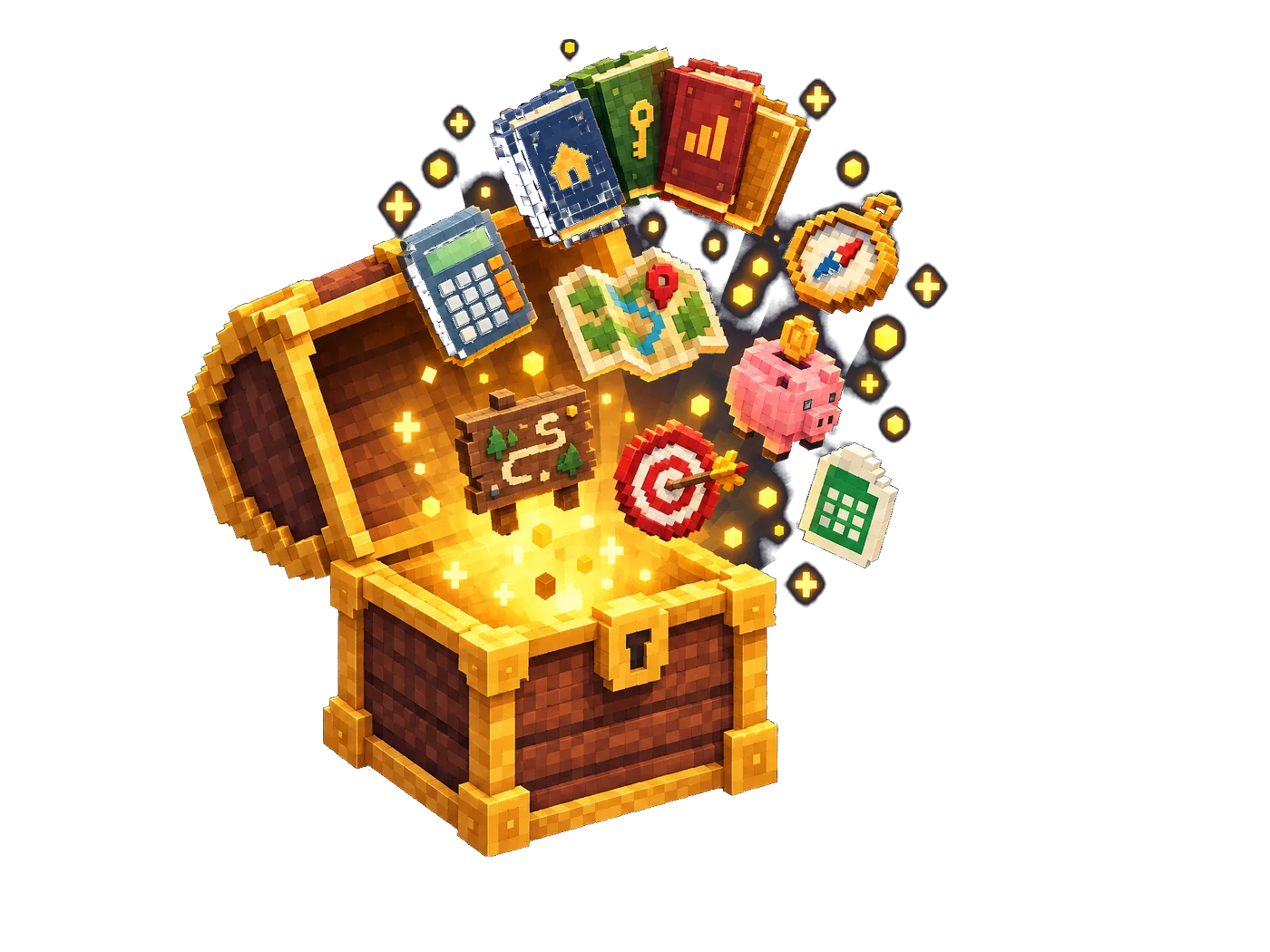 An open voxel treasure chest spilling tools and guide books
